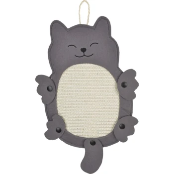 Graue katzenförmige Kratzmatte mit einem lächelnden Gesicht und einer strukturierten Kratzoberfläche in der Mitte, entworfen für Katzen.