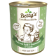 Dose mit Betty's Landhausküche Katzenfutter, die ein Vintage-Design zeigt, mit der Aufschrift "Huhn mit Kalb & Borneolöl & Taurin" und "Für Katzen."