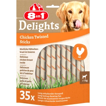 8in1 Delights Hähnchen gedrehte Sticks Verpackung mit 35 Sticks, mit Text, der köstliches Hähnchenbrustfleisch und langanhaltenden Kau-Spaß hervorhebt.