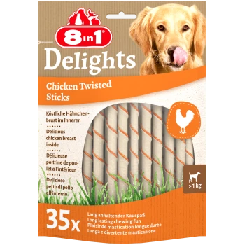 8in1 Delights Hähnchen gedrehte Sticks Verpackung mit 35 Sticks, mit Text, der köstliches Hähnchenbrustfleisch und langanhaltenden Kau-Spaß hervorhebt.