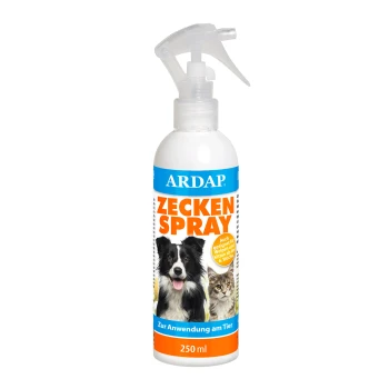 Flasche ARDAP Zecken Spray für Haustiere, mit einem Hund und einer Katze auf dem Etikett, mit dem Hinweis, dass es für die Anwendung bei Tieren geeignet ist.