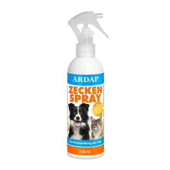 Flasche ARDAP Zecken Spray für Haustiere, mit einem Hund und einer Katze auf dem Etikett, mit dem Hinweis, dass es für die Anwendung bei Tieren geeignet ist.