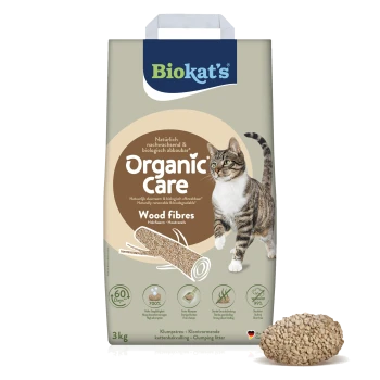 Tüte von Biokat's 'Organic Care' Holzfaserkatzenstreu, beige Packung mit Bild einer getigerten Katze, 3 kg und Pelletprobe