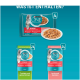 Purina ONE Katzenfutterverpackung beschriftet 'Sterilcat' mit einer Schüssel für Nassfutter. Text hebt Geschmäcker hervor: 'Truthahn und grüne Bohnen,' 'Lachs und Karotten.'