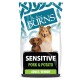 Dog food packaging featuring two dogs, labeled "SENSITIVE PORK & POTATO," suitable for adult and senior dogs.