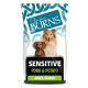 Dog food packaging featuring two dogs, labeled "SENSITIVE PORK & POTATO," suitable for adult and senior dogs.
