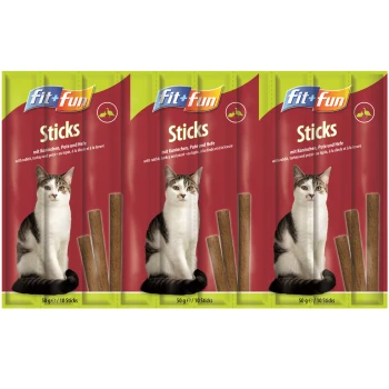 Three packages of Fit+Fun Sticks for cats, featuring a cat on the front, with text in German and English about ingredients: rabbit, turkey, and yeast.