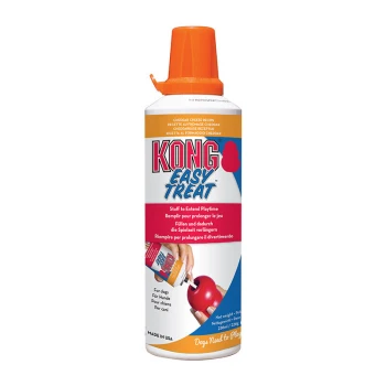 KONG Easy Treat Cheddar Cheese Spray für Hunde, mit einem leuchtend orangefarbenen Deckel und Anweisungen in mehreren Sprachen.