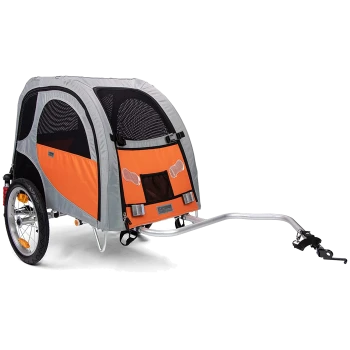 Haustieranhänger in Grau und Orange, mit Netzfenstern, einem stabilen Rahmen und einer Anhängerkupplung zur Befestigung an einem Fahrrad.