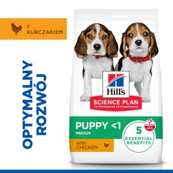Opakowanie karmy Hill's Science Plan dla szczeniąt (PUPPY <1 MEDIUM) z kurczakiem, 5 podstawowych korzyści, 'OPTYMALNY ROZWÓJ'