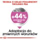 Obraz promujący zdrowie trawienne psów z różowym znakiem "+44% zachowanie bez zmian," tytuł "Troska o układ pokarmowy twojego psa."