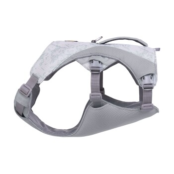 Grau Haustiergeschirr mit verstellbaren Riemen und gepolstertem Design, mit einer strukturierten Oberseite und seitlichen Clips für eine sichere Befestigung.