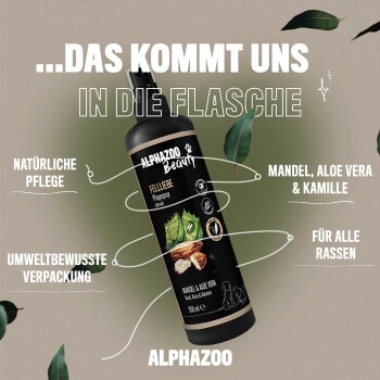 ALPHAZOO Beauty "Fellliebe" Haustierpflegeflasche mit Mandel, Aloe Vera und Kamille für die natürliche Pflege aller Rassen.
