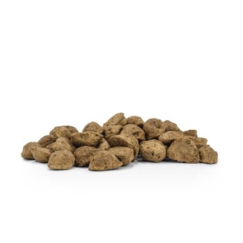 Ein Haufen brauner, kibbleförmiger Haustierfutterstücke auf einem weißen Hintergrund, der ihre strukturierte Oberfläche zeigt.