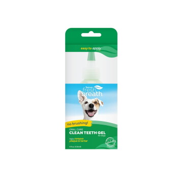 TropiClean Fresh Breath Clean Teeth Gel for dogs packaging with smiling dog, "no brushing!" and "easy to apply" text