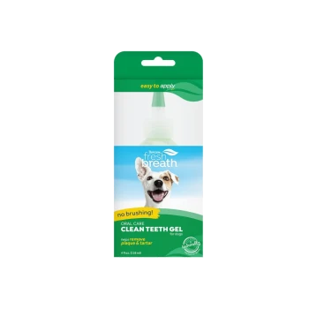 TropiClean Fresh Breath Clean Teeth Gel for dogs packaging with smiling dog, "no brushing!" and "easy to apply" text