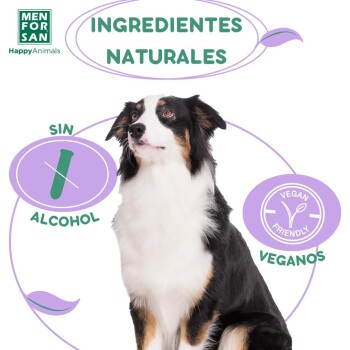 Ein schwarz-weißer Hund sitzt prominent im Bild, umgeben von Text, der "Ingredientes Naturales", "Sin Alcohol" und "Vegan Friendly" hervorhebt.