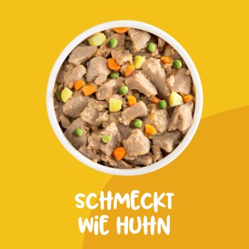 Tierfutter-Werbung auf gelbem Hintergrund mit deutschem Text "Schmeckt wie Huhn," der glutenfreie, proteinreiche und gesunde Fellvorteile hervorhebt.