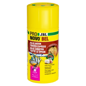 Gelber zylindrischer Behälter mit JBL Pro Novo Bel Fischfutterflocken, gekennzeichnet für alle Arten, mit 2 % Knoblauch und präbiotischen Vorteilen.