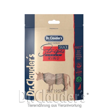 Hochwertige Hundesnackverpackung von Dr. Clauder's mit 'Stripes Large Rind' und einer Kuhgrafik.