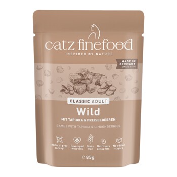 Catz Finefood Classic Adult Wild Katzenfutterbeutel mit Tapioka und Preiselbeeren, getreidefrei, hergestellt in Deutschland, 85g.