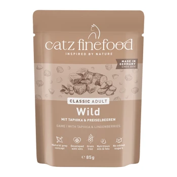 Catz Finefood Classic Adult Wild Katzenfutterbeutel mit Tapioka und Preiselbeeren, getreidefrei, hergestellt in Deutschland, 85g.