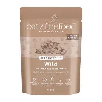 Catz Finefood Classic Adult Wild Katzenfutterbeutel mit Tapioka und Preiselbeeren, getreidefrei, hergestellt in Deutschland, 85g.