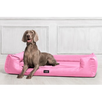 Ein grauer Hund, der auf einem weichen, rosa Haustierbett mit einem schwarzen Etikett, das "tierlando" liest, entspannt, vor einer hellen Wand.