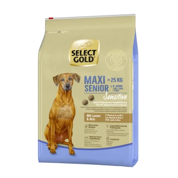 Sensitive Senior Maxi Lamm und Reis 4 kg Select Gold Maxi Senior Hundefutterbeutel, 25 kg, für Hunde über 8 Jahre. Enthält Lamm- und Reisformel, sensible Verdauung.