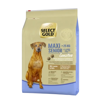 Select Gold Maxi Senior Hundefutterbeutel, 25 kg, für Hunde über 8 Jahre. Enthält Lamm- und Reisformel, sensible Verdauung.