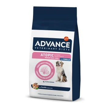 Hundefutterbeutel mit der Aufschrift "ADVANCE VETERINARY DIETS ATOPIC & FOOD SENSITIVITY" für mittelgroße Hunde, mit einem Hundebild und Aussagen zur Juckreizlinderung.
