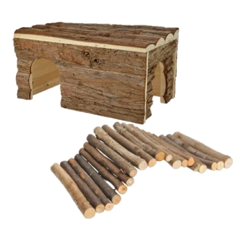 Cachette en bois pour animaux de compagnie avec un design en forme de bûche et deux entrées, accompagnée d'un ensemble de bâtons en bois naturel.