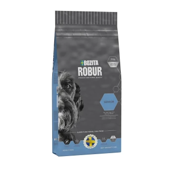 Torba z karmą dla psów Bozita Robur Senior (11 kg) z twarzą psa, podkreślająca 71% białka zwierzęcego i "Made in Sweden."