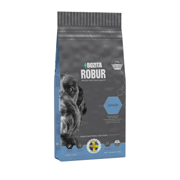 Torba z karmą dla psów Bozita Robur Senior (11 kg) z twarzą psa, podkreślająca 71% białka zwierzęcego i "Made in Sweden."