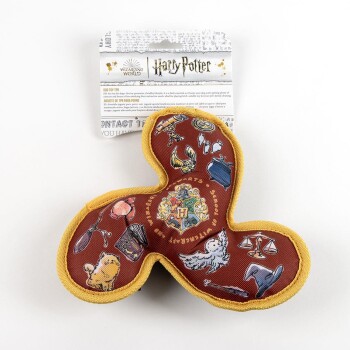 Harry Potter themed dog toy with Hogwarts crest and magical icons, from Wizarding World, in red and yellow colors.