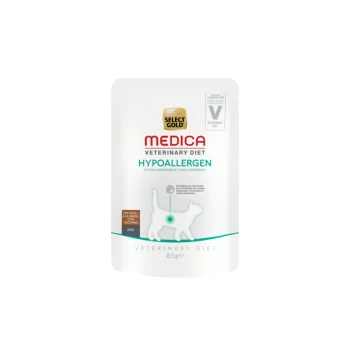 Select Gold Medica Hypoallergene Veterinärdiät Katzenfutterbeutel, 85g, mit einem weißen Hintergrund und einer Katzensilhouette sowie grünen Akzenten.