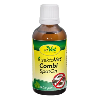 Flasche von cdVet insekttoVet Combi SpotOn für Haustiere, mit einem gelben Etikett mit grünem Logo und einem Symbol für kein Insekt.