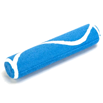 Blaues Hundespielzeug in zylindrischer Form mit einem weißen Wellenmuster, geeignet zum Apportieren und Kauen.