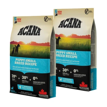 Deux sacs de nourriture pour chiens ACANA Puppy Small Breed Recipe, contenant du poulet canadien frais et de la plie crue, avec 70 % de viande.