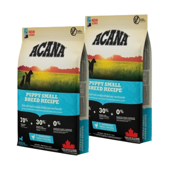 Zwei Beutel ACANA Puppy Small Breed Recipe Hundefutter, mit frischem kanadischen Huhn und rohem Flunder, mit 70 % Fleischgehalt.
