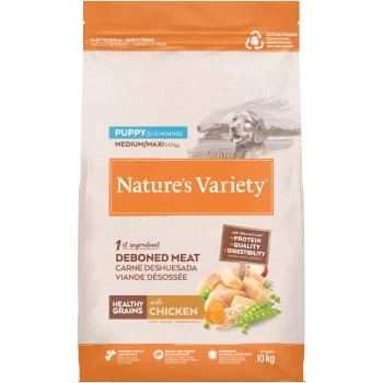 Sac de nourriture pour chiots Nature's Variety pour races moyennes/maxi, 10 kg, avec poulet désossé, céréales saines, protéines et bienfaits pour la digestibilité.
