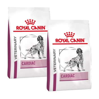 Deux sacs de nourriture pour chiens Royal Canin Vétérinaire Cardiaque, présentant une silhouette de chien et le texte "VÉTÉRINAIRE" et "CARDIAQUE."