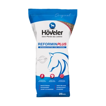 Ein 25 kg Sack Höveler Reformin Plus Pferdefutter, blau-weißes Design, mit einer Pferdesilhouette und Vorteilen wie Muskelunterstützung.