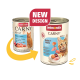 Twee blikken Animonda Carny volwassen kattenvoer met kip en zalm, met nadruk op nieuw ontwerp en belangrijkste kenmerken.