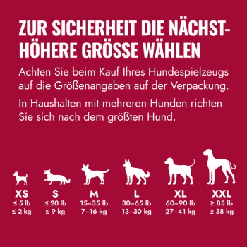 Größenübersicht für Hundespielzeug mit deutschem Text „ZUR SICHERHEIT DIE NÄCHST-HÖHERE GRÖSSE WÄHLEN“, Silhouetten und Gewichtsbereichen von XS–XXL.