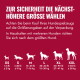 Größenübersicht für Hundespielzeug mit deutschem Text „ZUR SICHERHEIT DIE NÄCHST-HÖHERE GRÖSSE WÄHLEN“, Silhouetten und Gewichtsbereichen von XS–XXL.