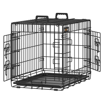 Schwarze Metall-Haustierbox mit zwei Türen, mit einer herausnehmbaren Kunststoffschale am Boden und Griffen oben für einfachen Transport.