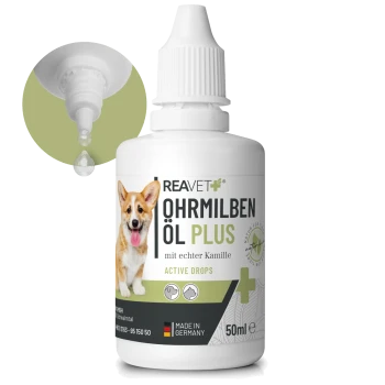 Flasche REAVET Ohrmilben Öl Plus (50ml) für Hunde, mit einem Corgi auf dem Etikett, mit einer Tropferspitze, die oben gezeigt wird.