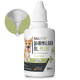 Flasche REAVET Ohrmilben Öl Plus (50ml) für Hunde, mit einem Corgi auf dem Etikett, mit einer Tropferspitze, die oben gezeigt wird.