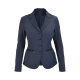 Marineblaue Damenreitjacke mit einem eingekerbten Kragen, fünf Knöpfen und dekorativen Taschen.
